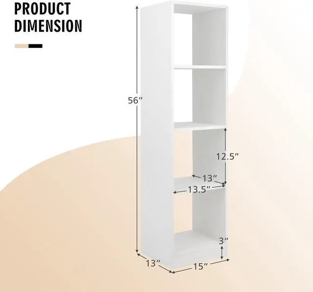 Alt view image 3 of 7 - 56" Tall 5 Tier Narrow Open Display Bookshelf, 4 Cube Storage Unit with 4 Stabilizing Anchors,Wooden Cube Storage Organizer for Small Spaces, Pantry, Dorm Rooms, Bedrooms, White
