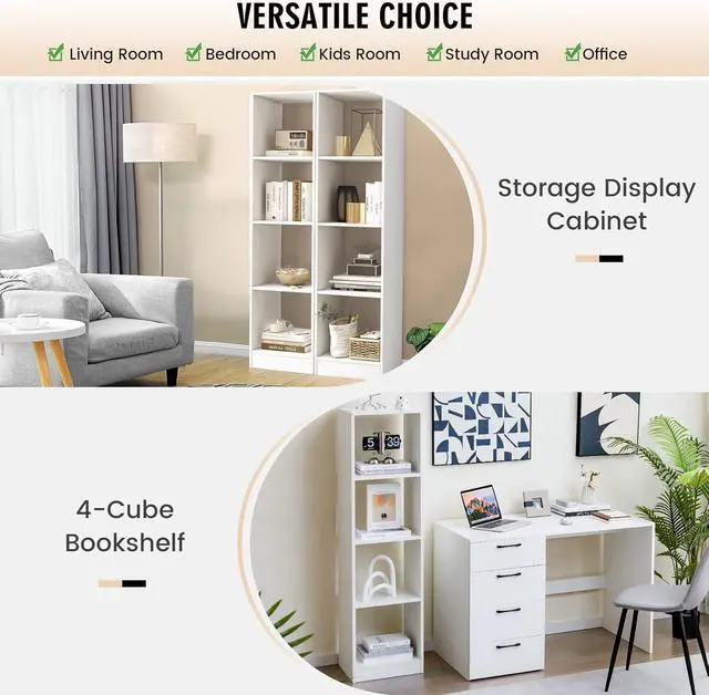 Alt view image 4 of 7 - 56" Tall 5 Tier Narrow Open Display Bookshelf, 4 Cube Storage Unit with 4 Stabilizing Anchors,Wooden Cube Storage Organizer for Small Spaces, Pantry, Dorm Rooms, Bedrooms, White