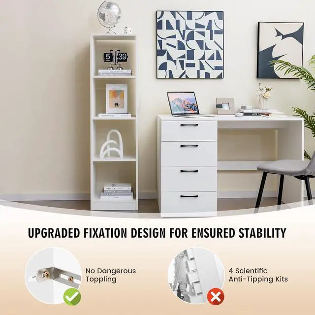 Alt view image 5 of 7 - 56" Tall 5 Tier Narrow Open Display Bookshelf, 4 Cube Storage Unit with 4 Stabilizing Anchors,Wooden Cube Storage Organizer for Small Spaces, Pantry, Dorm Rooms, Bedrooms, White