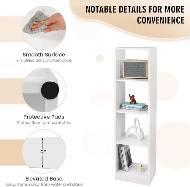 Alt view image 6 of 7 - 56" Tall 5 Tier Narrow Open Display Bookshelf, 4 Cube Storage Unit with 4 Stabilizing Anchors,Wooden Cube Storage Organizer for Small Spaces, Pantry, Dorm Rooms, Bedrooms, White