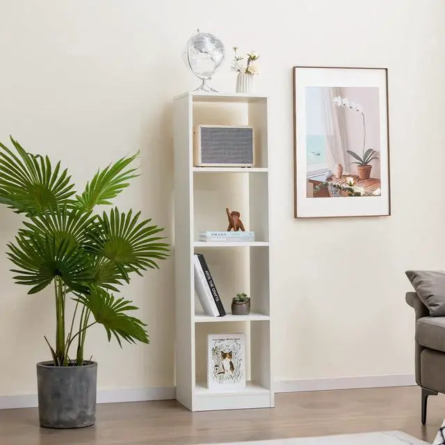 Alt view image 7 of 7 - 56" Tall 5 Tier Narrow Open Display Bookshelf, 4 Cube Storage Unit with 4 Stabilizing Anchors,Wooden Cube Storage Organizer for Small Spaces, Pantry, Dorm Rooms, Bedrooms, White