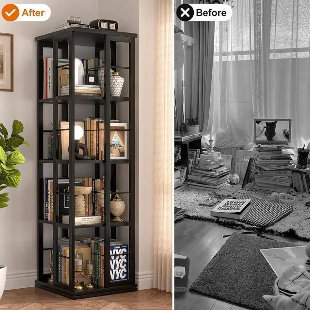 Alt view image 7 of 7 - 4-Tier Rotating Corner Bookcase, Black