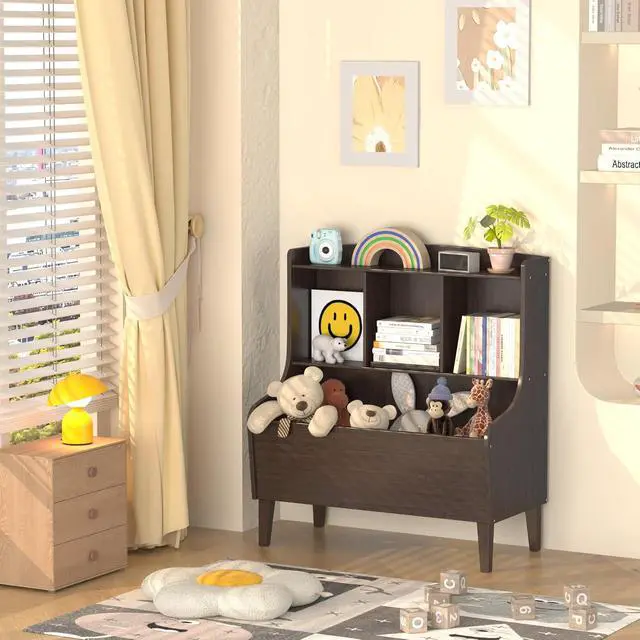 Alt view image 3 of 7 - Kids Bookshelf and Toy Storage OrganizerBamboo BookcaseFit for Children's Room, Playroom, Bedroom,Hallway, Kindergarten (Walnut Brown)