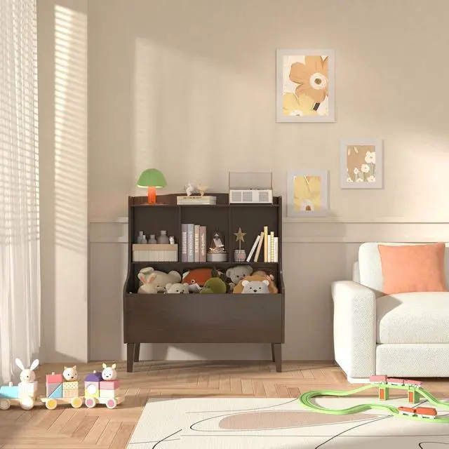 Alt view image 4 of 7 - Kids Bookshelf and Toy Storage OrganizerBamboo BookcaseFit for Children's Room, Playroom, Bedroom,Hallway, Kindergarten (Walnut Brown)
