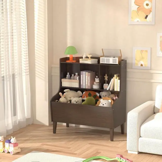 Alt view image 5 of 7 - Kids Bookshelf and Toy Storage OrganizerBamboo BookcaseFit for Children's Room, Playroom, Bedroom,Hallway, Kindergarten (Walnut Brown)