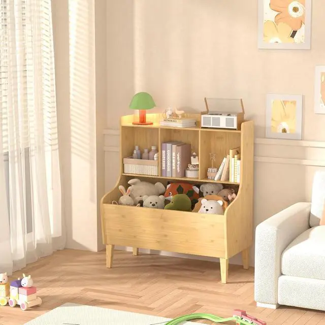 Alt view image 3 of 7 - Kids Bookshelf and Toy Storage OrganizerBamboo BookcaseFit for Children's Room, Playroom, Bedroom,Hallway, Kindergarten (Nature)