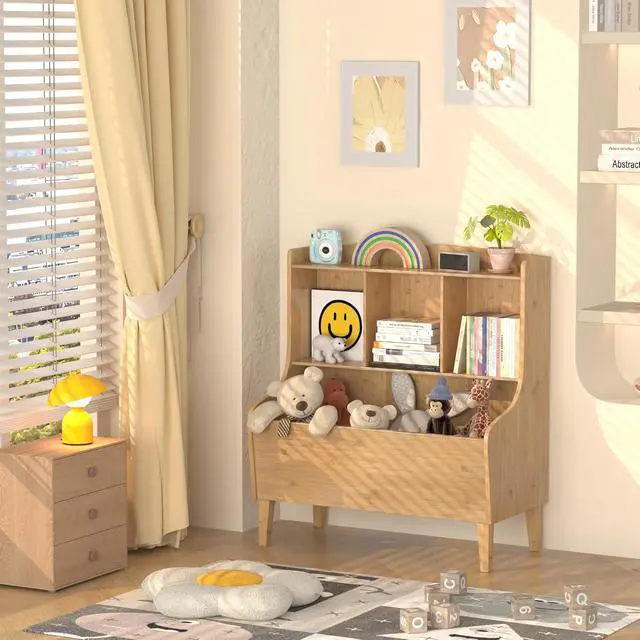 Alt view image 5 of 7 - Kids Bookshelf and Toy Storage OrganizerBamboo BookcaseFit for Children's Room, Playroom, Bedroom,Hallway, Kindergarten (Nature)