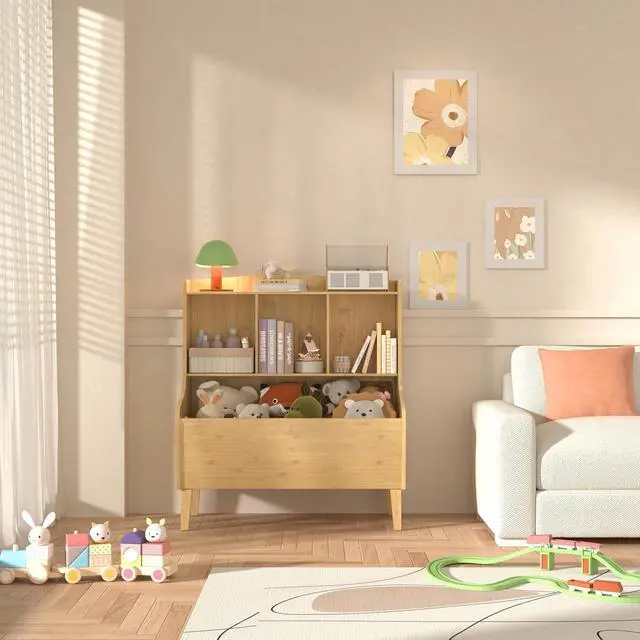 Alt view image 4 of 7 - Kids Bookshelf and Toy Storage OrganizerBamboo BookcaseFit for Children's Room, Playroom, Bedroom,Hallway, Kindergarten (Nature)