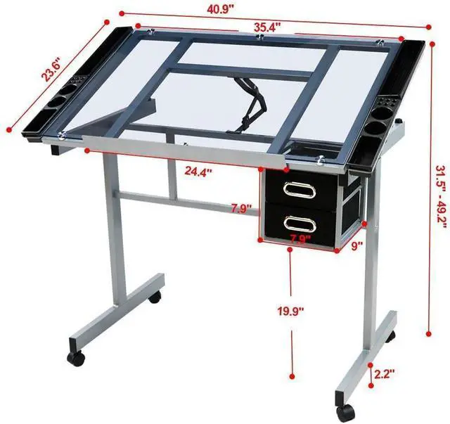 Alt view image 2 of 7 - Glass Drafting Table w/Height Adjustable PU Leather Low Back Armless Chair Drawing Draft Table for Home Office Black