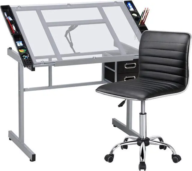 Main image of Glass Drafting Table w/Height Adjustable PU Leather Low Back Armless Chair Drawing Draft Table for Home Office Black
