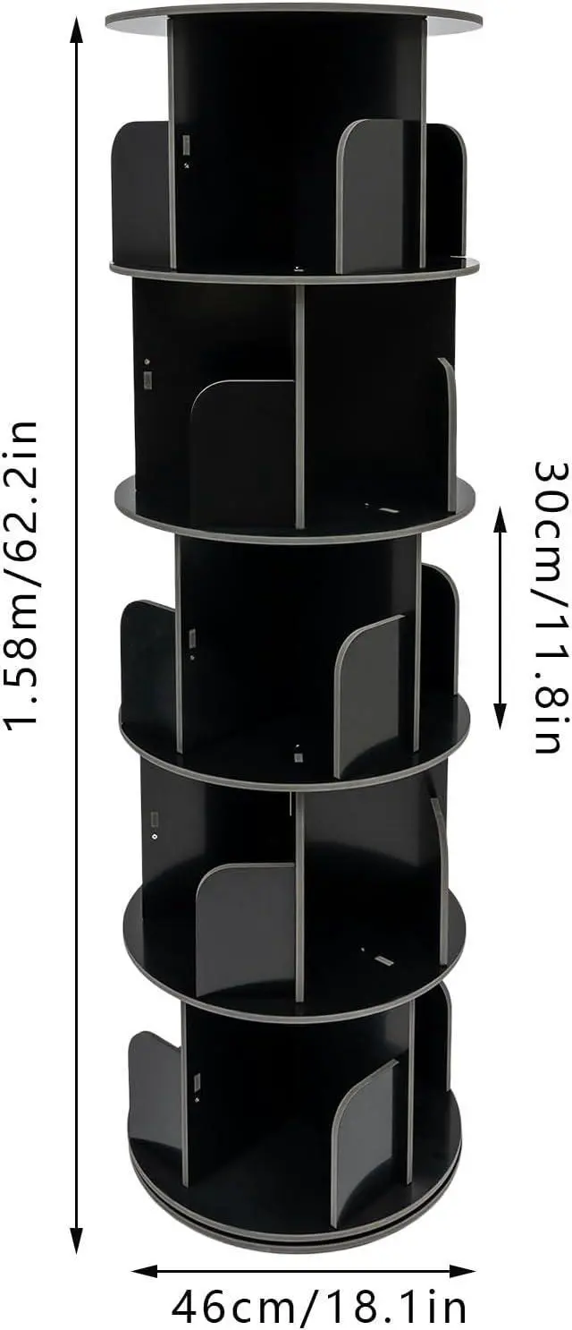 Alt view image 3 of 7 - Rotating Bookshelf, 5 Tiers Rotating Book Shelf, 360° Display Corner Spinning Bookcase, Floor Standing Storage Rack for Bedroom, Living Room, Study Room, Black (5-Tiers)