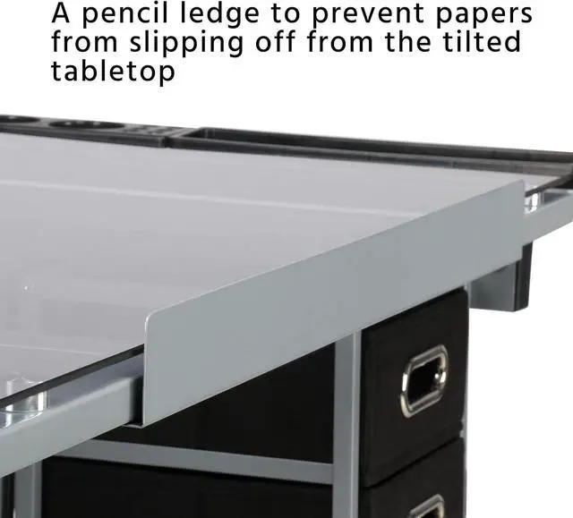 Alt view image 7 of 7 - Glass Drafting Table w/Height Adjustable PU Leather Low Back Armless Chair Drawing Draft Table for Home Office Black