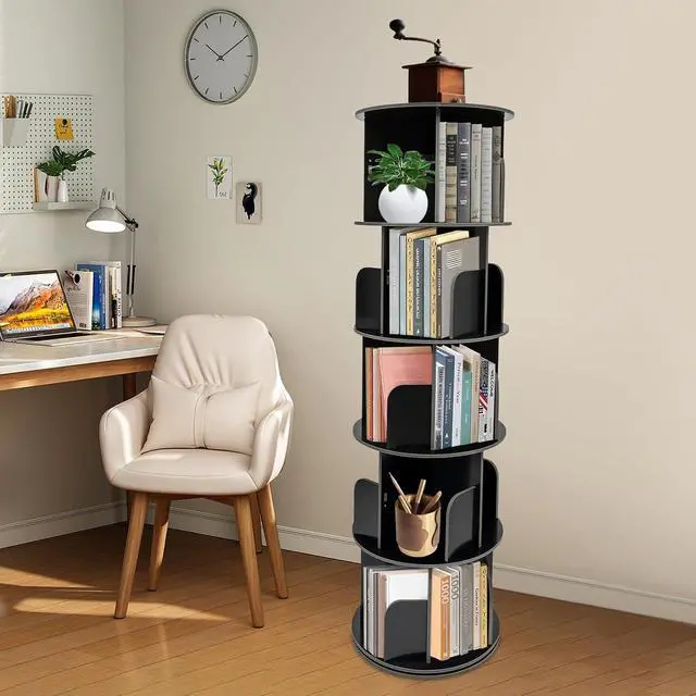 Alt view image 2 of 7 - Rotating Bookshelf, 5 Tiers Rotating Book Shelf, 360° Display Corner Spinning Bookcase, Floor Standing Storage Rack for Bedroom, Living Room, Study Room, Black (5-Tiers)