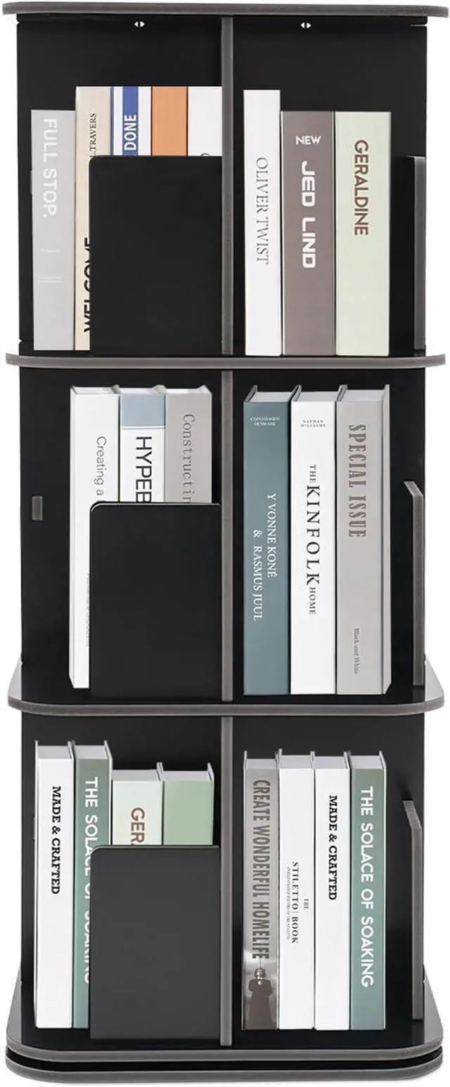 Main image of Rotating Bookshelf 3 Tier Standing Bookcase Square Floor Standing 360° View Stackable Storage Display Book Rack Wooden Shelf for Bedroom Living Room Office Corner Bookcase (3-Tier, Black)