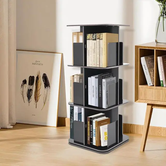 Alt view image 2 of 7 - Rotating Bookshelf 3 Tier Standing Bookcase Square Floor Standing 360° View Stackable Storage Display Book Rack Wooden Shelf for Bedroom Living Room Office Corner Bookcase (3-Tier, Black)