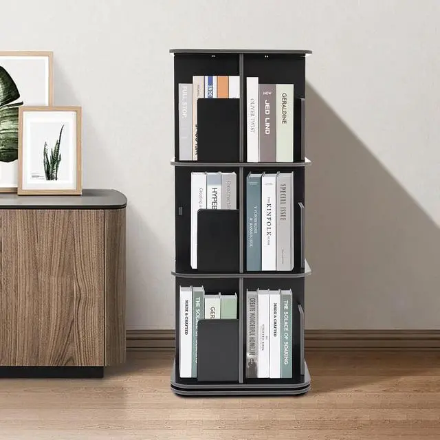 Alt view image 4 of 7 - Rotating Bookshelf 3 Tier Standing Bookcase Square Floor Standing 360° View Stackable Storage Display Book Rack Wooden Shelf for Bedroom Living Room Office Corner Bookcase (3-Tier, Black)