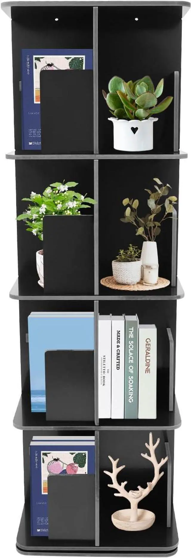 Main image of Rotating Bookshelf 4 Tier Standing Bookcase Square Floor Standing 360° View Stackable Storage Display Book Rack Wooden Shelf for Bedroom Living Room Office Corner Bookcase (4-Tier, Black)
