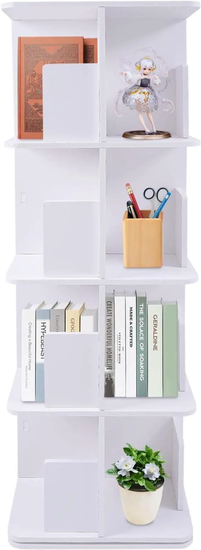 Main image of Rotating Bookshelf 4 Tier Standing Bookcase Square Floor Standing 360° View Stackable Storage Display Book Rack Wooden Shelf for Bedroom Living Room Office Corner Bookcase (4-Tier, Whit)