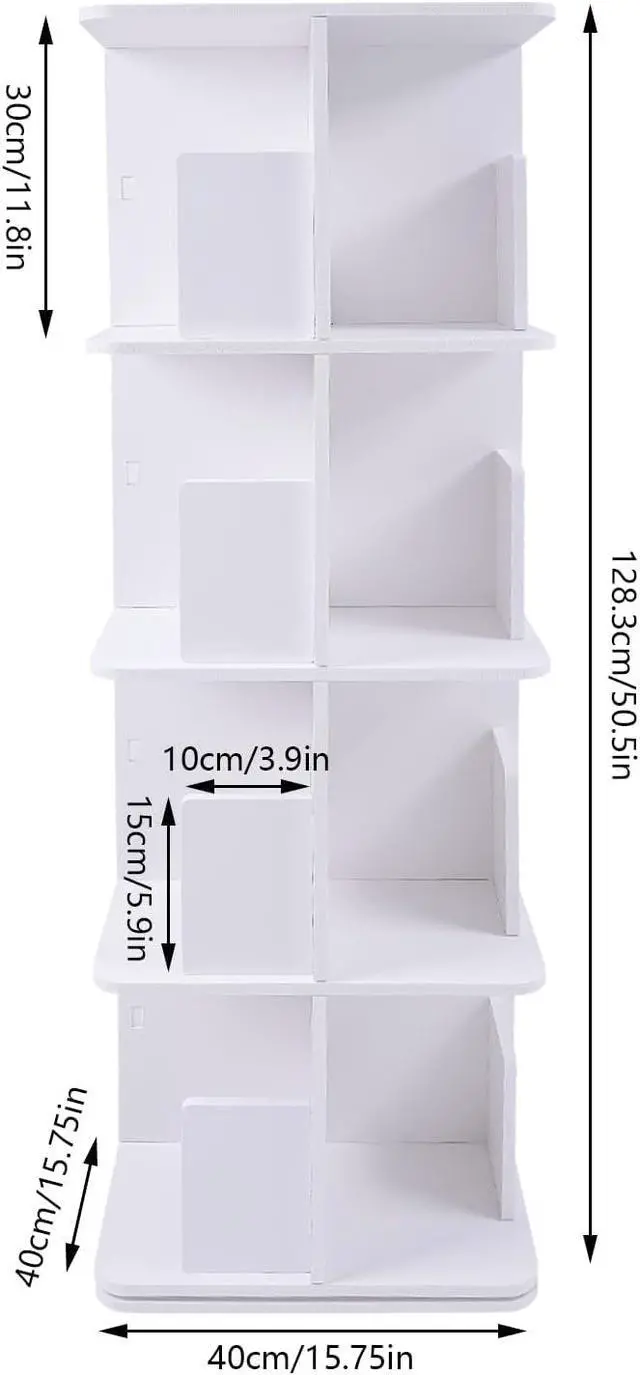 Alt view image 3 of 7 - Rotating Bookshelf 4 Tier Standing Bookcase Square Floor Standing 360° View Stackable Storage Display Book Rack Wooden Shelf for Bedroom Living Room Office Corner Bookcase (4-Tier, Whit)