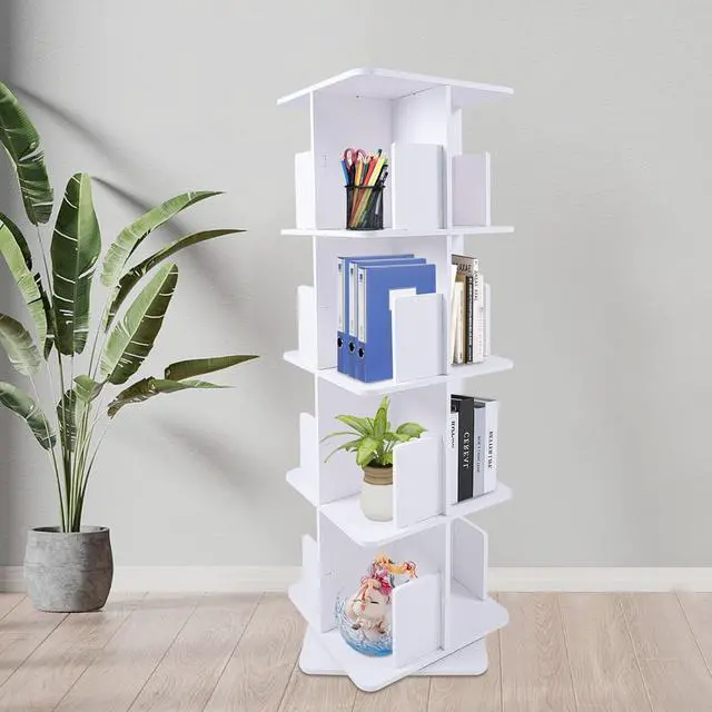 Alt view image 2 of 7 - Rotating Bookshelf 4 Tier Standing Bookcase Square Floor Standing 360° View Stackable Storage Display Book Rack Wooden Shelf for Bedroom Living Room Office Corner Bookcase (4-Tier, Whit)