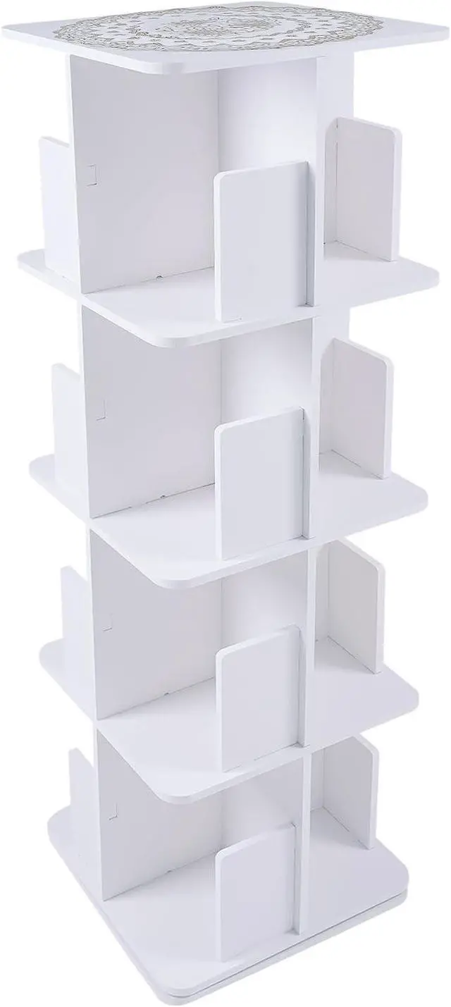Alt view image 6 of 7 - Rotating Bookshelf 4 Tier Standing Bookcase Square Floor Standing 360° View Stackable Storage Display Book Rack Wooden Shelf for Bedroom Living Room Office Corner Bookcase (4-Tier, Whit)