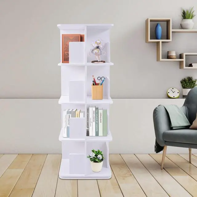Alt view image 4 of 7 - Rotating Bookshelf 4 Tier Standing Bookcase Square Floor Standing 360° View Stackable Storage Display Book Rack Wooden Shelf for Bedroom Living Room Office Corner Bookcase (4-Tier, Whit)