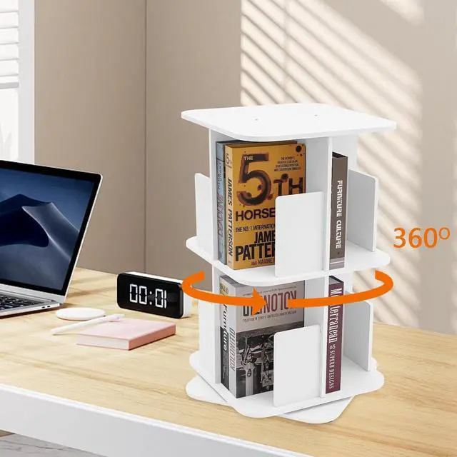 Alt view image 4 of 7 - Rotating Bookshelf 2 Tier Standing Bookcase Square Floor Standing 360° View Stackable Storage Display Book Rack Wooden Shelf for Bedroom Living Room Office Corner Bookcase (2-Tier, White)