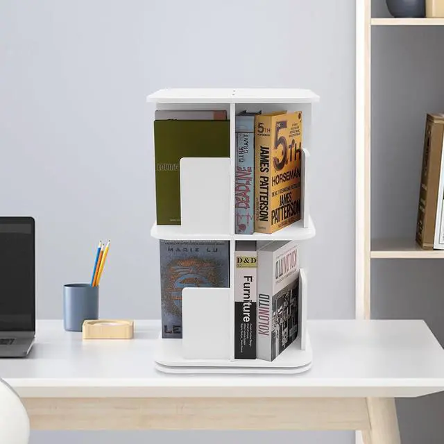 Alt view image 2 of 7 - Rotating Bookshelf 2 Tier Standing Bookcase Square Floor Standing 360° View Stackable Storage Display Book Rack Wooden Shelf for Bedroom Living Room Office Corner Bookcase (2-Tier, White)