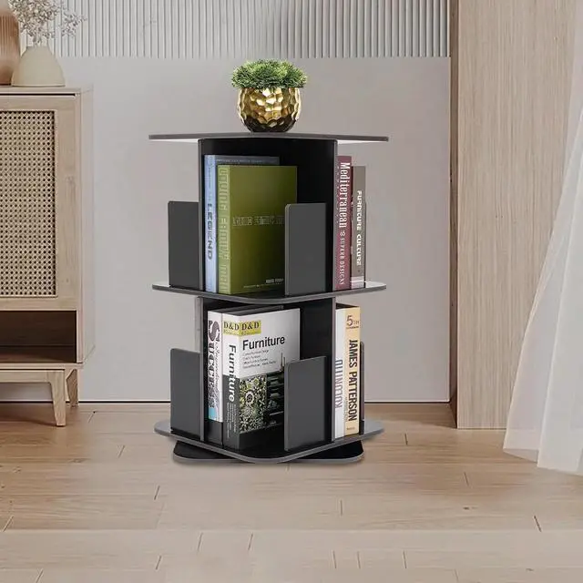 Alt view image 4 of 7 - Rotating Bookshelf 2 Tier Standing Bookcase Square Floor Standing 360° View Stackable Storage Display Book Rack Wooden Shelf for Bedroom Living Room Office Corner Bookcase (2-Tier, Black)