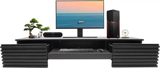 Alt view image 5 of 7 - Wall Mounted Desk 60x15.5x9.5 Inch, Wall Mount Office Desk with Pull Out Drawer, Wall Organizer Table, Max. Load Bearing 120lbs (Black)
