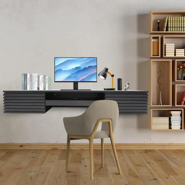Alt view image 2 of 7 - Wall Mounted Desk 60x15.5x9.5 Inch, Wall Mount Office Desk with Pull Out Drawer, Wall Organizer Table, Max. Load Bearing 120lbs (Black)