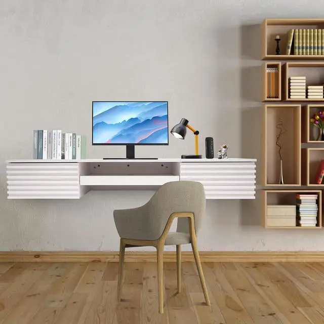 Main image of Wall Mounted Desk 60x15.5x9.5 Inch, Wall Mount Office Desk with Pull Out Drawer, Wall Organizer Table, Max. Load Bearing 120lbs (White)