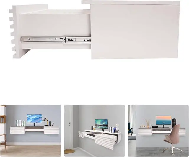 Alt view image 5 of 7 - Wall Mounted Desk 60x15.5x9.5 Inch, Wall Mount Office Desk with Pull Out Drawer, Wall Organizer Table, Max. Load Bearing 120lbs (White)
