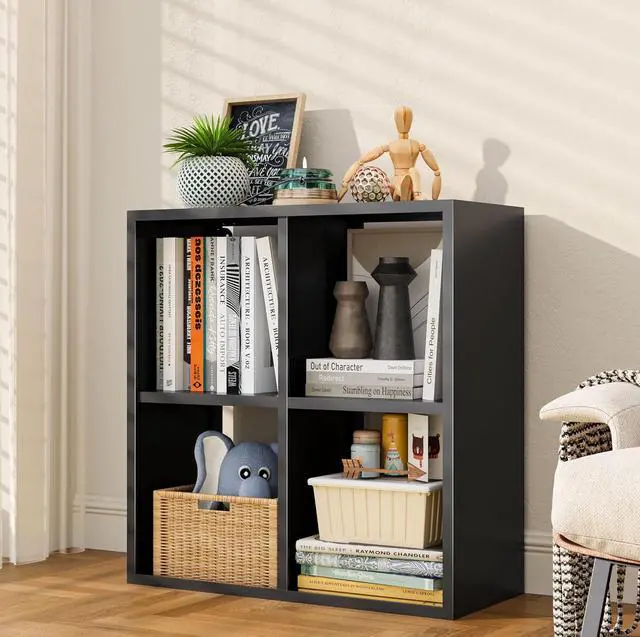 Main image of 4 Cube Storage Organizer, Metal Cubby Storage Shelf, Small Box Bookshelf, Short Open Bookcase for Bedroom, Office, Living Room, Toy & Closet Organization, Black