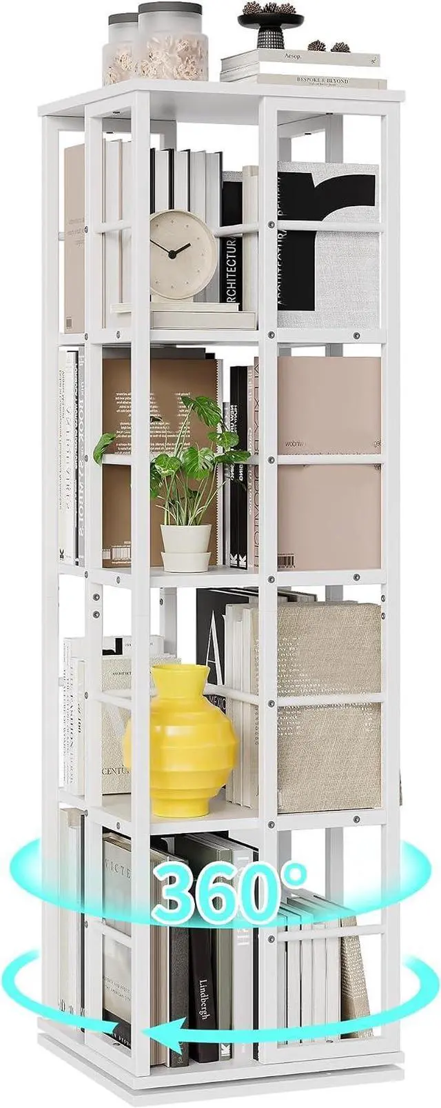 Main image of Rotating Bookcase - 4-Tier Corner Shelf for Small Spaces, 54" Tall Spinning Organizer with Industrial Metal Frame 360° Narrow Swivel Bookshelves for Living Room, Bedroom, Study, White