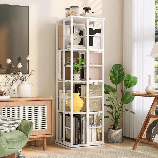 Alt view image 2 of 7 - Rotating Bookcase - 4-Tier Corner Shelf for Small Spaces, 54" Tall Spinning Organizer with Industrial Metal Frame 360° Narrow Swivel Bookshelves for Living Room, Bedroom, Study, White