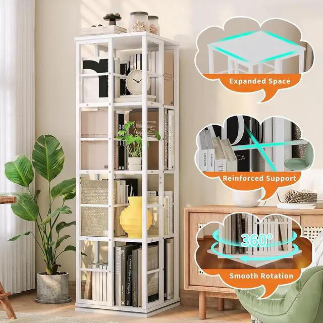 Alt view image 5 of 7 - Rotating Bookcase - 4-Tier Corner Shelf for Small Spaces, 54" Tall Spinning Organizer with Industrial Metal Frame 360° Narrow Swivel Bookshelves for Living Room, Bedroom, Study, White