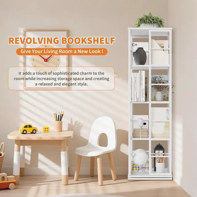 Alt view image 6 of 7 - Rotating Bookcase - 4-Tier Corner Shelf for Small Spaces, 54" Tall Spinning Organizer with Industrial Metal Frame 360° Narrow Swivel Bookshelves for Living Room, Bedroom, Study, White