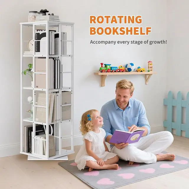 Alt view image 7 of 7 - Rotating Bookcase - 4-Tier Corner Shelf for Small Spaces, 54" Tall Spinning Organizer with Industrial Metal Frame 360° Narrow Swivel Bookshelves for Living Room, Bedroom, Study, White