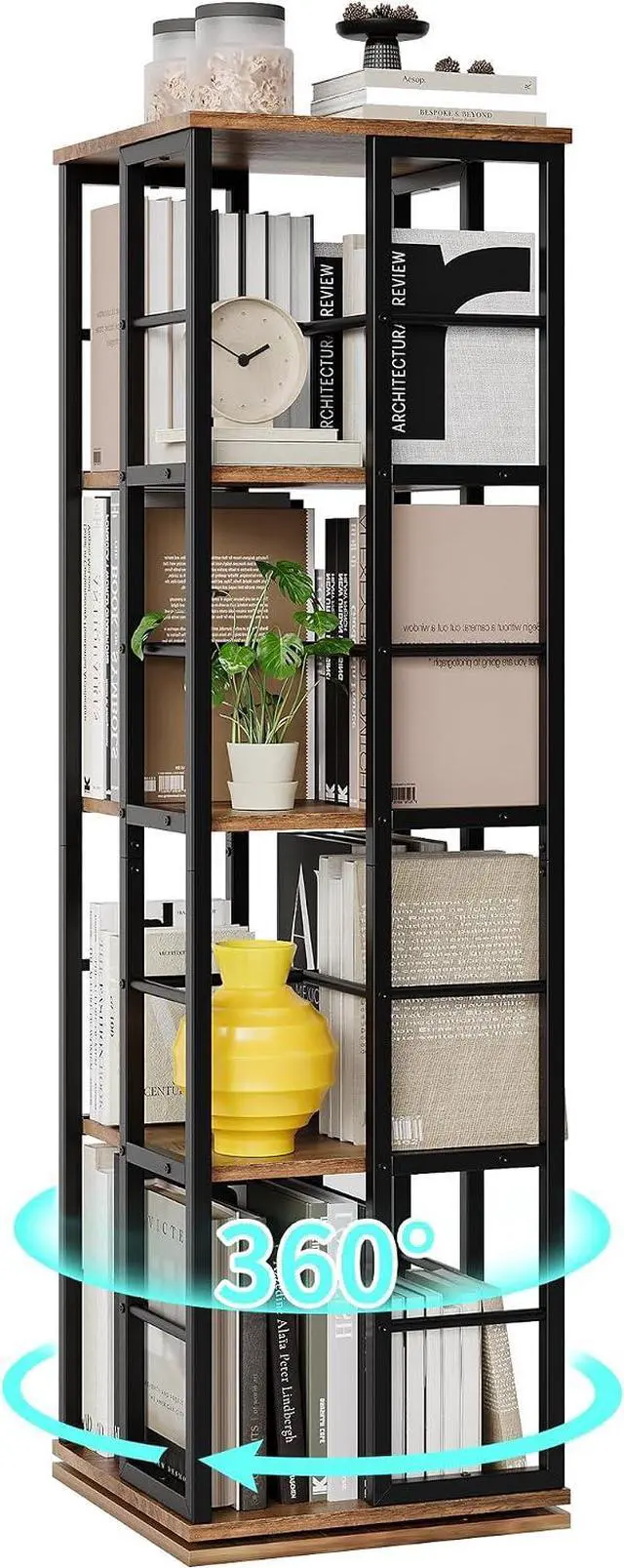 Main image of Rotating Bookcase - 4-Tier Corner Shelf for Small Spaces, 54" Tall Spinning Organizer with Industrial Metal Frame 360° Narrow Swivel Bookshelves for Living Room, Bedroom, Study, Brown