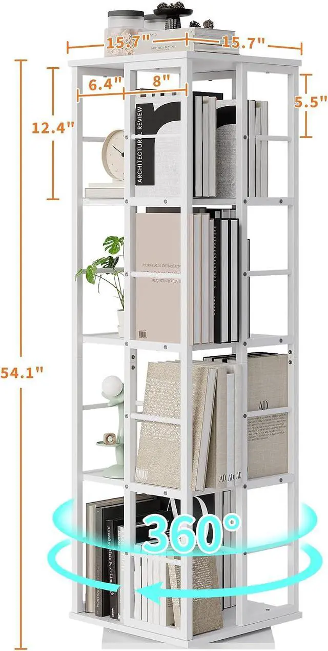 Alt view image 3 of 7 - Rotating Bookcase - 4-Tier Corner Shelf for Small Spaces, 54" Tall Spinning Organizer with Industrial Metal Frame 360° Narrow Swivel Bookshelves for Living Room, Bedroom, Study, White