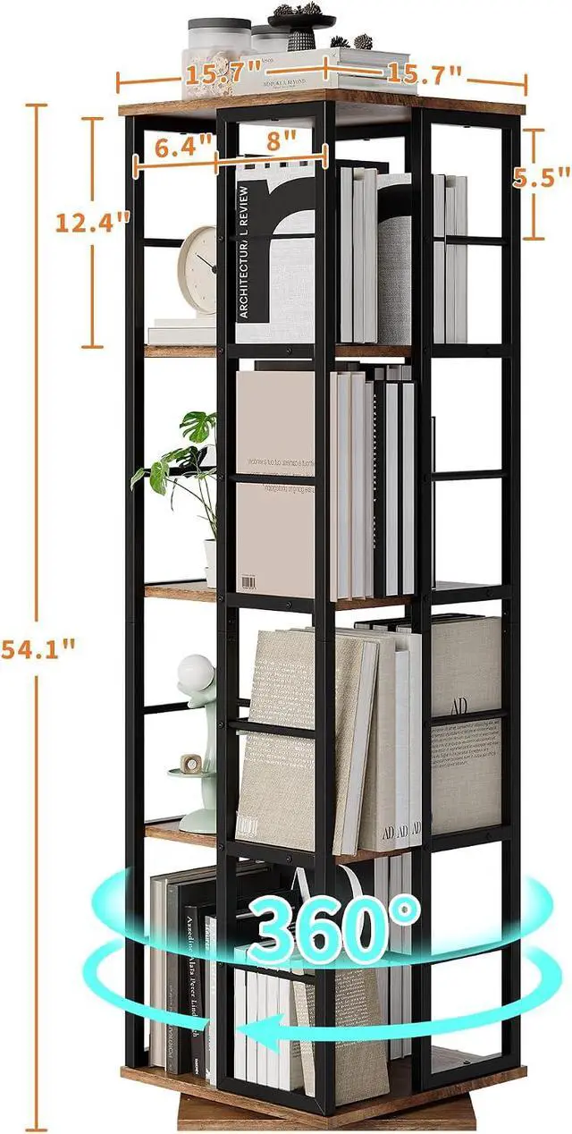 Alt view image 3 of 7 - Rotating Bookcase - 4-Tier Corner Shelf for Small Spaces, 54" Tall Spinning Organizer with Industrial Metal Frame 360° Narrow Swivel Bookshelves for Living Room, Bedroom, Study, Brown