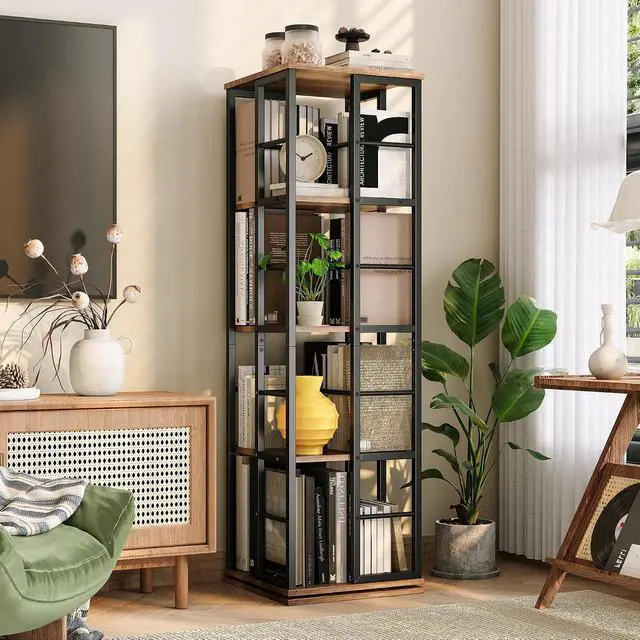Alt view image 2 of 7 - Rotating Bookcase - 4-Tier Corner Shelf for Small Spaces, 54" Tall Spinning Organizer with Industrial Metal Frame 360° Narrow Swivel Bookshelves for Living Room, Bedroom, Study, Brown