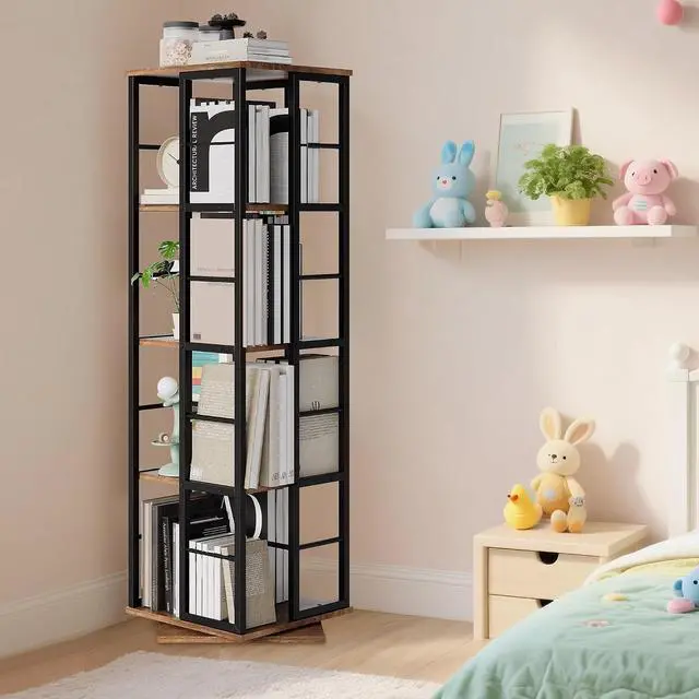 Alt view image 4 of 7 - Rotating Bookcase - 4-Tier Corner Shelf for Small Spaces, 54" Tall Spinning Organizer with Industrial Metal Frame 360° Narrow Swivel Bookshelves for Living Room, Bedroom, Study, Brown