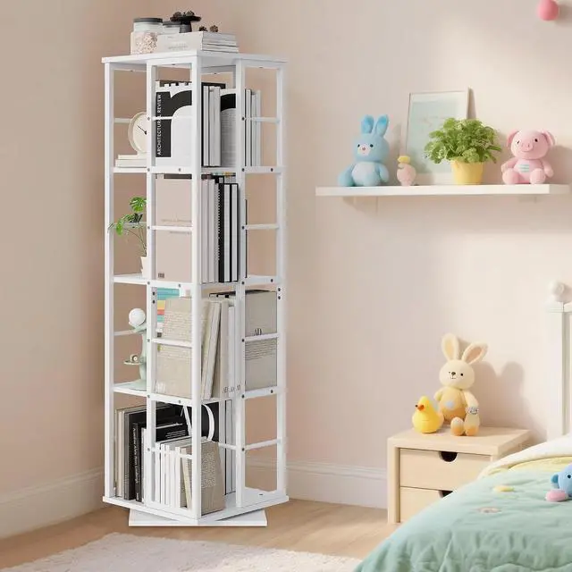 Alt view image 4 of 7 - Rotating Bookcase - 4-Tier Corner Shelf for Small Spaces, 54" Tall Spinning Organizer with Industrial Metal Frame 360° Narrow Swivel Bookshelves for Living Room, Bedroom, Study, White