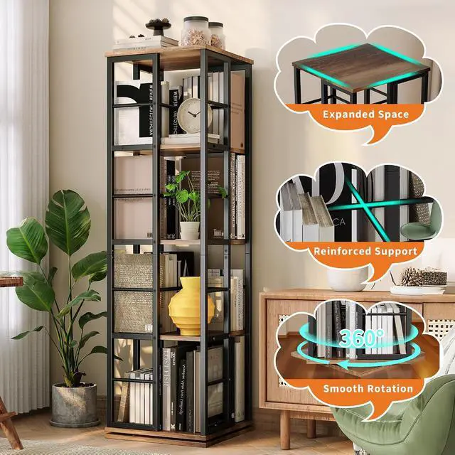 Alt view image 5 of 7 - Rotating Bookcase - 4-Tier Corner Shelf for Small Spaces, 54" Tall Spinning Organizer with Industrial Metal Frame 360° Narrow Swivel Bookshelves for Living Room, Bedroom, Study, Brown