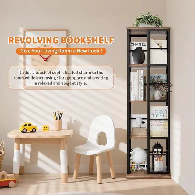 Alt view image 6 of 7 - Rotating Bookcase - 4-Tier Corner Shelf for Small Spaces, 54" Tall Spinning Organizer with Industrial Metal Frame 360° Narrow Swivel Bookshelves for Living Room, Bedroom, Study, Brown