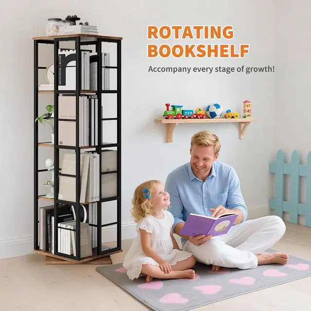 Alt view image 7 of 7 - Rotating Bookcase - 4-Tier Corner Shelf for Small Spaces, 54" Tall Spinning Organizer with Industrial Metal Frame 360° Narrow Swivel Bookshelves for Living Room, Bedroom, Study, Brown