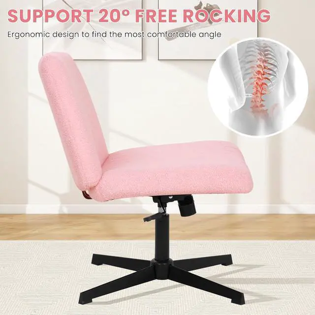 Alt view image 3 of 7 - Cross Legged Office Desk Chair Without Wheels,Vanity Chair with Back Ergonomic Swivel Armless Adjustable Height 29-34 Comfy Meditation Cloud Task Chairs for HomePink