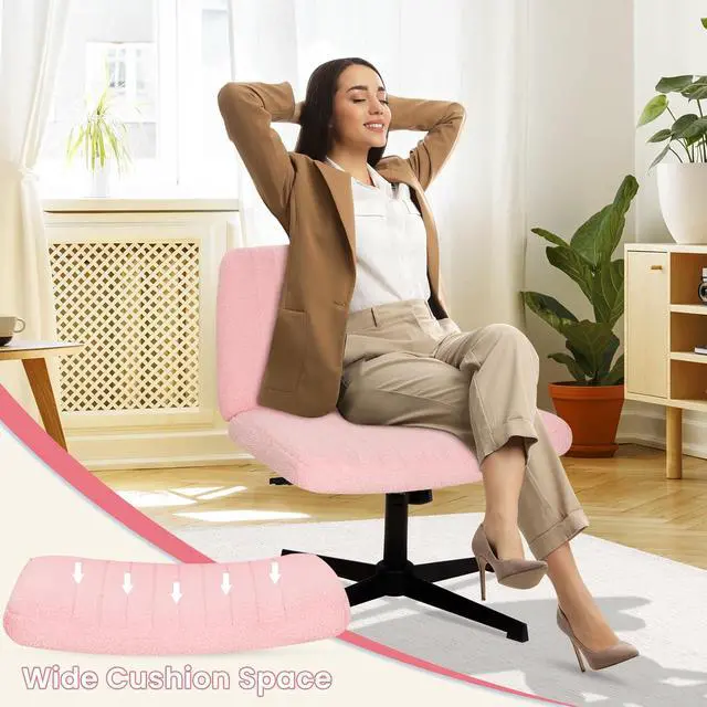 Alt view image 4 of 7 - Cross Legged Office Desk Chair Without Wheels,Vanity Chair with Back Ergonomic Swivel Armless Adjustable Height 29-34 Comfy Meditation Cloud Task Chairs for HomePink